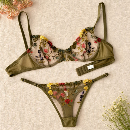 Olive Green Floral Embroidered Lingerie Set – Bra & Panty
