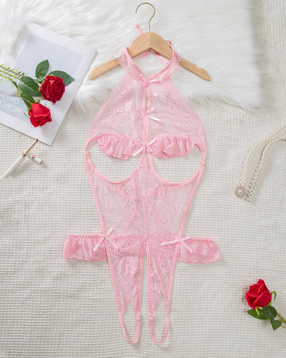 Women's Sxy Hollow Backless Transparent Floral Lace Open Crotch Design Bodysuit
