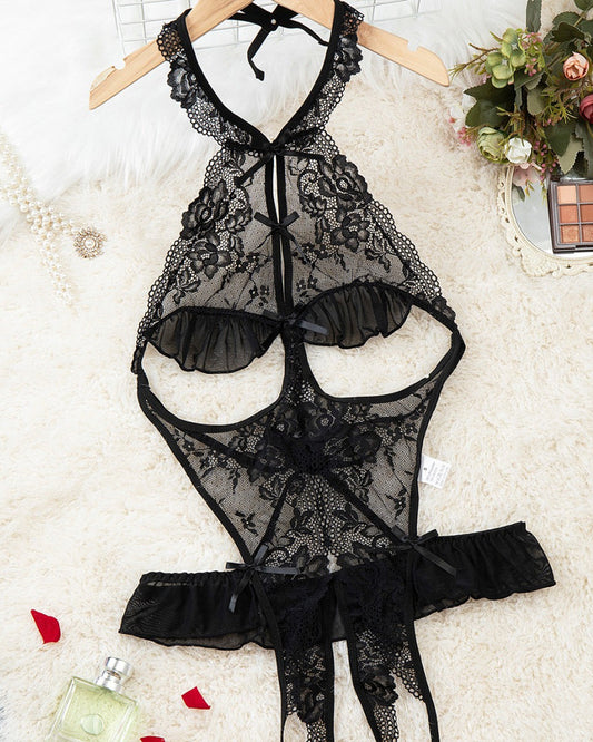 Women's Sxy Hollow Backless Transparent Floral Lace Open Crotch Design Bodysuit