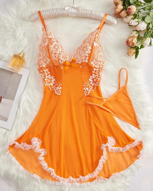 Sxy Deep V Contrast Lace Mesh Bow Decoration Suspender Nightdress (With Thong)
