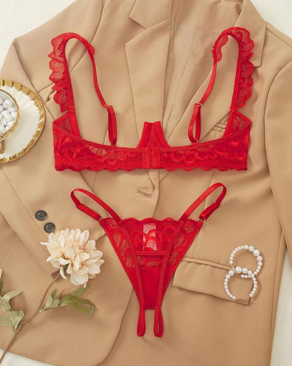 Women's Lace Sxy Underwire Spaghetti Straps Adjustable Bra and Open Crotch Design Thong Set