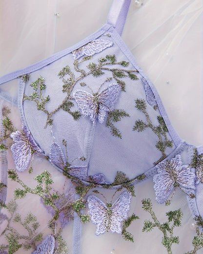 Women's Sxy Butterfly Embroidery Mesh Suspender Nightdress and Thong Set