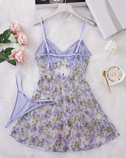 Women's Sxy Butterfly Embroidery Mesh Suspender Nightdress and Thong Set