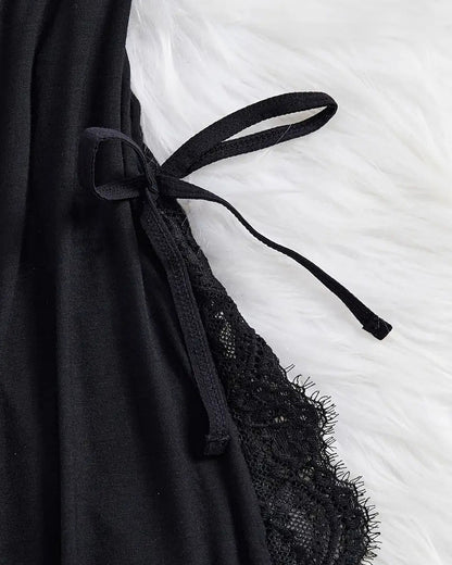 Sxy Bow Decorated Contrast Lace Suspender Nightdress Nightdress and Thong Set