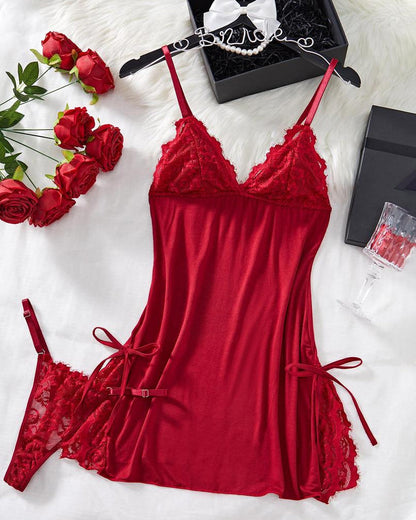 Sxy Bow Decorated Contrast Lace Suspender Nightdress Nightdress and Thong Set