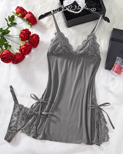 Sxy Bow Decorated Contrast Lace Suspender Nightdress Nightdress and Thong Set