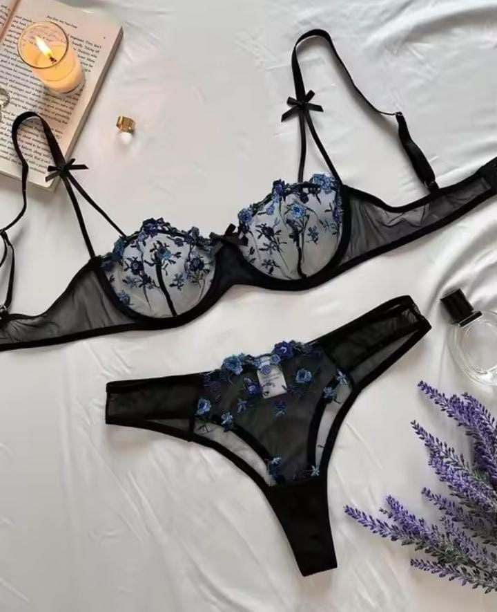Intimate Floral Mesh Lingerie Set: Double Strap Detail & Sheer Elegance