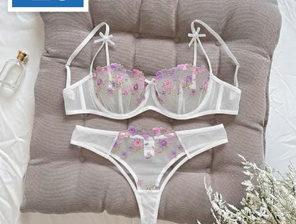 Intimate Floral Mesh Lingerie Set: Double Strap Detail & Sheer Elegance