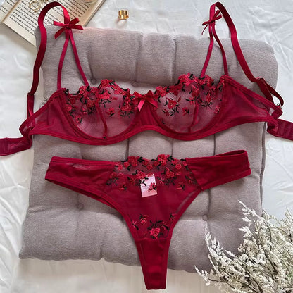 Intimate Floral Mesh Lingerie Set: Double Strap Detail & Sheer Elegance