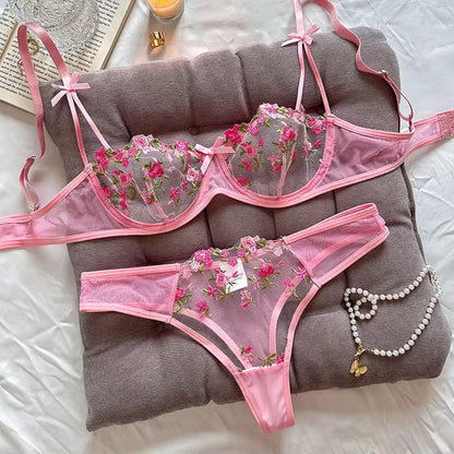 Intimate Floral Mesh Lingerie Set: Double Strap Detail & Sheer Elegance